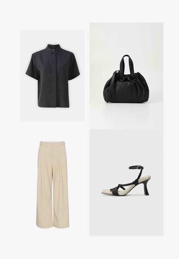 Lyhythihainen musta nappipaita, jossa on klassinen kaulus, valmistettu sileästä kankaasta, suoran leikkauksen ja minimalistisen muotoilun omaava.; Khitmaveri leveled püksid, millel on tekstuuriga kangas ja kõrge vöökoht, kahte esipainutatud nööpi ja kaht külgtaskut praktilisuse jaoks.; Mustat korkokengät, joissa on punottuolkaiminen design, neliömäinen kärki ja säädettävä nilkkahihna. Vaaleanbeige jalkapohja ja kiiltävä musta korko.; Musta nahkabag, jossa on kerätty yläosa. Varustettu kahdella lyhyellä kantokahvalla ja pitkällä säädettävällä hihnalla. Sileä pinta, pyöreä muoto.