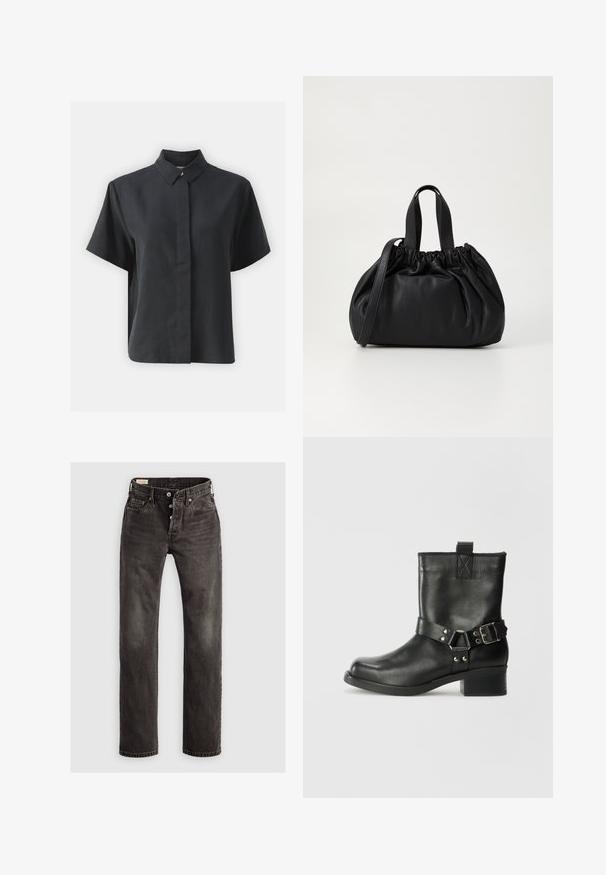 Kratka crna košulja s dugim rukavima i klasičnim ovratnikom, napravljena od glatkog materijala, s ravnim krojem i minimalističkim dizajnom.; Tamno sivi traperice ravnog kroja, izrađene od denima, s gumbom na preklapanje, dizajnom od pet džepova i suptilnom izblijedjelošću na tkanini.; Samsøe Samsøe SABRENTA - Kaubojske/motorističke gležnjače - black; Crna kožna torba s nabranim dizajnom na vrhu, s dva kratka ručka i dugim podesivim remenom. Glatka tekstura, zaobljen oblik.