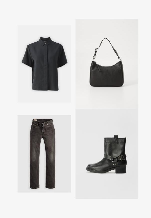 Kratka crna košulja s dugim rukavima i klasičnim ovratnikom, napravljena od glatkog materijala, s ravnim krojem i minimalističkim dizajnom.; Tamno sivi traperice ravnog kroja, izrađene od denima, s gumbom na preklapanje, dizajnom od pet džepova i suptilnom izblijedjelošću na tkanini.; Samsøe Samsøe SABRENTA - Kaubojske/motorističke gležnjače - black; Crna kožna torba s zakrivljenim oblikom, jednim remenom, zatvaranjem na patentni zatvarač i suptilnim brendiranjem sprijeda. Glatka tekstura, minimalistički dizajn.