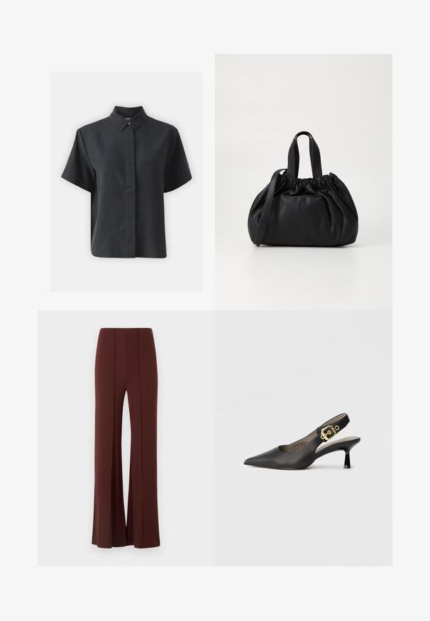 Juodos spalvos trumpomis rankovėmis mygtukinė marškiniai su klasikine apykakle, pagaminti iš lygaus audinio, turintys tiesų kirpimą ir minimalistinį dizainą.; Rudos plačios kojų kelnės su aukštu liemeniu, pagamintos iš lygaus audinio, su vertikaliomis siūlėmis priekyje ir tvarkingai baigtu apvadu.; Juoda slingback aukštakulnė batų su smailiu nosiu, lygia odos tekstūra ir aukso atspalvio sagtimi ant dirželio.; Juoda odinė rankinė su susiraukšlėjusiu viršumi, su dviem trumpomis rankenėlėmis ir ilga reguliuojama juosta. Lygus paviršius, apvalios formos.