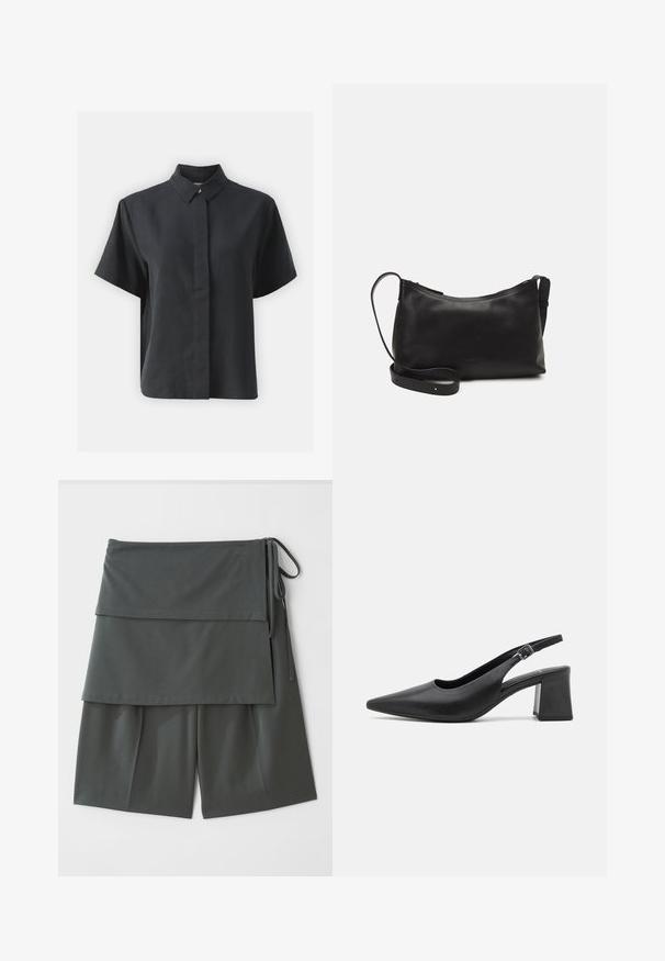 Kratka črna srajca na gumb s kratkimi rokavi in klasičnim ovratnikom, izdelana iz gladkega blaga, s ravnim krojem in minimalističnim dizajnom.; Temno sivo unisex šortse z večplastno zasnovo, ki vključujejo zgornji del in vezalke ob strani. Narejeni so iz gladkega, lahkega materiala.; Črne usnjene čevlje s peto s črnim vrhom in maso bloka. Ima prilagodljiv trak z kovinsko sponko.; Črna usnjena torba čez ramo z gladko teksturo, ukrivljeno obliko, nastavljivim trakom in zadrgo. Minimalističen dizajn brez okrasnih detajlov.