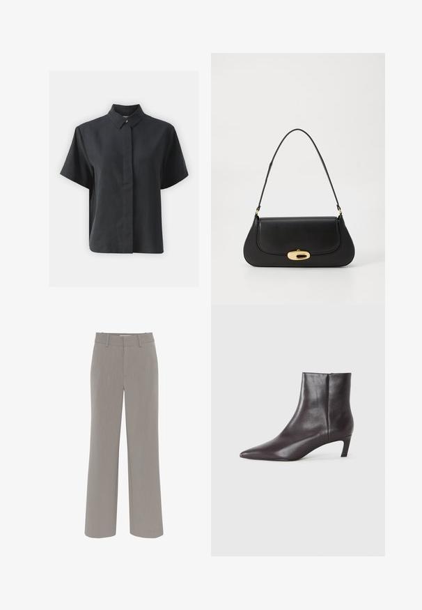 Kortärmad svart skjorta med knäppning och klassisk krage, tillverkad av ett slätt tyg, med rak passform och minimalistisk design.; Gestuz JOELLE PINSTRIPE PANTS - Tygbyxor - rock ridge; Svart läderankelboot med spetsig tå och låg kittenklack, slät yta, sidogzipper, visad mot en neutral bakgrund.; Svart läderhandväska med en böjd design, hårdvara i guldton, och ett handtag ovanpå. Har en snygg stängning och en mjuk yta.