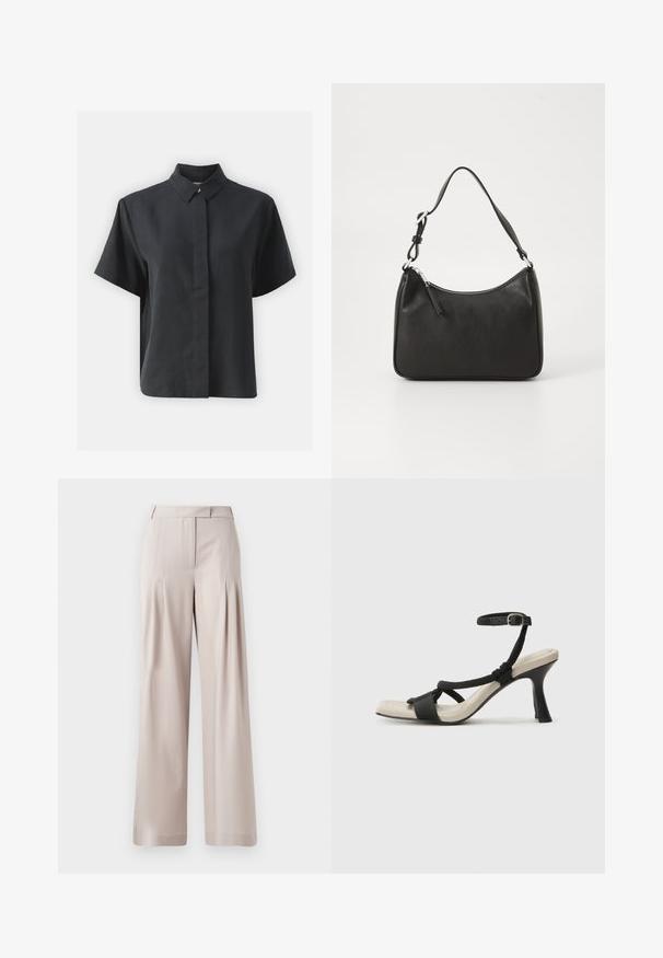 Juodos spalvos trumpomis rankovėmis mygtukinė marškiniai su klasikine apykakle, pagaminti iš lygaus audinio, turintys tiesų kirpimą ir minimalistinį dizainą.; Bežinės plačios kojų kelnės su lygiu paviršiumi, raukšlėtu priekiu ir pritaikytu juosmeniu. Tinka tiek oficialiai, tiek kasdienei aprangai.; Juodų aukštakulnių sandalų su pintu dirželiu dizainas, kvadratine nosimi ir reguliuojamu kulkšnies dirželiu. Šviesiai bežė padas su blizgiu juodu kulnu.; Juoda odinė rankinė su išlenkta forma, viena dirželiu, užtrauktuko uždarymu ir subtiliu ženklinimu priekyje. Lygus paviršius, minimalistinis dizainas.