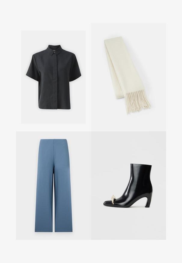 Juodos spalvos trumpomis rankovėmis mygtukinė marškiniai su klasikine apykakle, pagaminti iš lygaus audinio, turintys tiesų kirpimą ir minimalistinį dizainą.; Platus kojų modelis pagamintas iš minkštos, mėlynos medžiagos. Yra be siūlių juosmuo ir lygus, tolygus paviršius. Nėra matomų užsegimų ar kišenių.; Juodi aulinukai, pagaminti iš blizgios odos, su smailia nosimi ir dekoratyviu aukso bei sidabro akcentu priekyje. Bloko kulnas.; Balta vilnonė šalikas, stačiakampio formos, lygios tekstūros, su pūkuotais galais, pridėtiniam akcentui.; Juodas odinis rankinis krepšys su dviem ilgom diržais, surišamu viršumi ir auksiniu apvaliu akcentu. Lygus paviršius su minimalistiniu dizainu.
