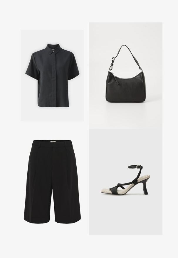 Zwart kortemouwknopenhemd met een klassieke kraag, gemaakt van een gladde stof, met een rechte snit en een minimalistisch ontwerp.; Part Two KAIRAPW - Shorts - black; Zwarte hoge hak sandaal met een gevlochten bandontwerp, vierkante teen en verstelbare enkelband. Lichtbeige voetbed met een glanzende zwarte hak.; Zwarte leren handtas met een gebogen vorm, een enkele schouderband, ritsluiting en subtiele branding aan de voorkant. Glad textuur, minimalistisch ontwerp.