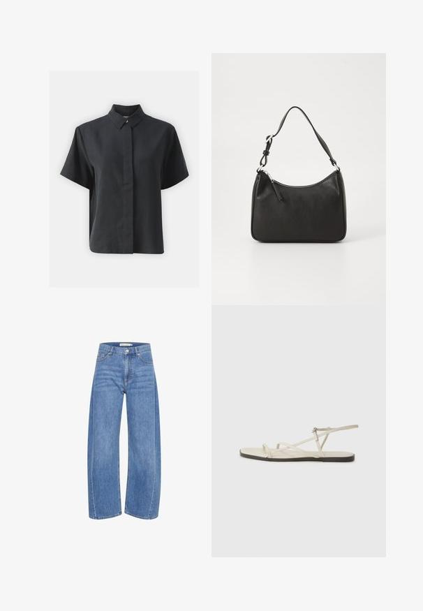 Kratka crna košulja s dugim rukavima i klasičnim ovratnikom, napravljena od glatkog materijala, s ravnim krojem i minimalističkim dizajnom.; Svijetloplave široke traperice s visokim strukom, s gumbom i patentnim zatvaračem, pet džepova i suptilnim detaljima izblijedjelosti.; Bež sandala na ravnom potplatu s više tankih trakica i podesivom kopčom. Potplat je ravan s blagim tamnim kontrastom na rubu.; Crna kožna torba s zakrivljenim oblikom, jednim remenom, zatvaranjem na patentni zatvarač i suptilnim brendiranjem sprijeda. Glatka tekstura, minimalistički dizajn.