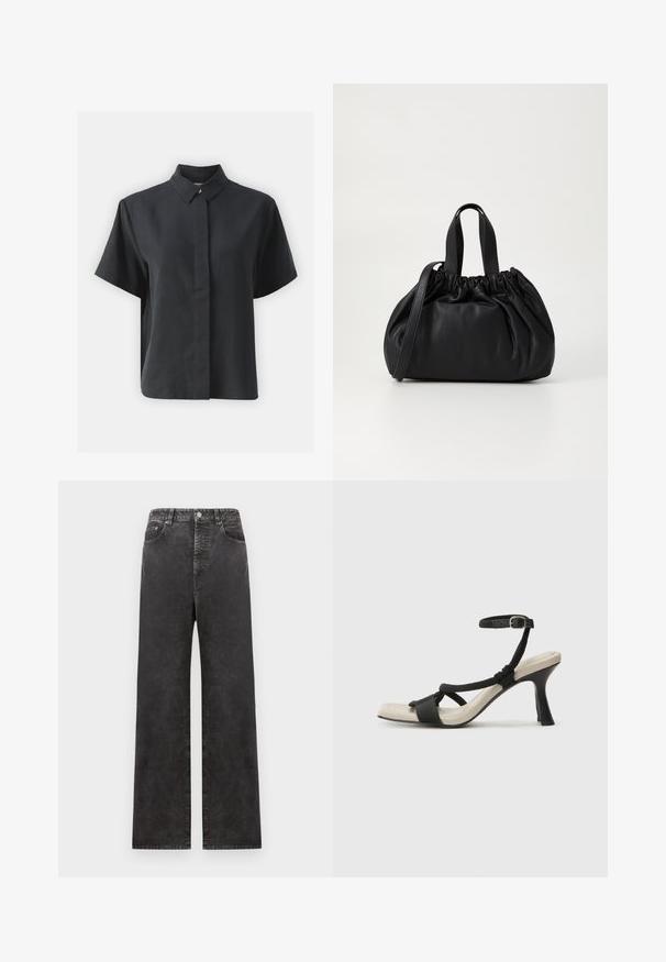 Camicia nera a maniche corte con bottoni, colletto classico, realizzata in un tessuto liscio, con taglio dritto e design minimalista.; Pantaloni in denim nero a gamba larga con vita alta, dotati di tasche frontali, chiusura con bottoni e una texture leggermente sbiadita.; Sandal con tacco nero e design con cinturino intrecciato, punta quadrata e cinturino alla caviglia regolabile. Soletta beige chiaro con tacco nero lucido.; Borsa a tracolla in pelle nera con design a cima arricciata, dotata di due manici corti e di una lunga tracolla regolabile. Texture liscia, forma arrotondata.