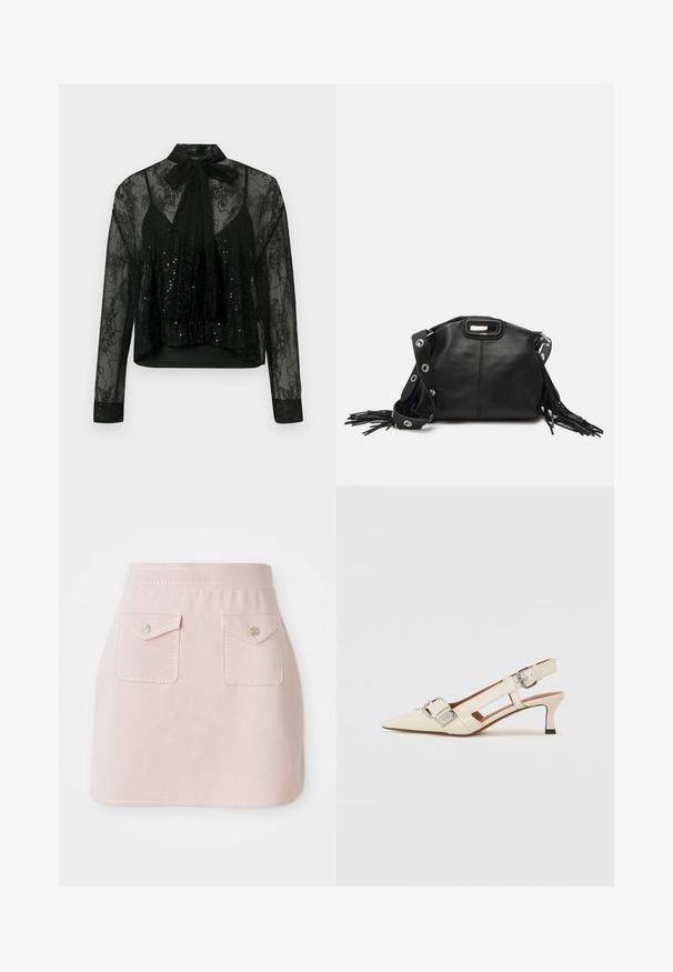 Must mustaga pusa pikkade varrukatega, millel on pitsist overlay ja litrite detailid, kaelarihmaga lipsu ja lühendatud disainiga.; Roosa seelik, mis on valmistatud sileda tekstuuriga kangast. Omab kahte esist taskut klappi ja dekoratiivset tikandit hemmi ääres.; Valge nahast slingback jalanõud terava varbaga, väikese kanna ja reguleeritava rihmaga, millel on silmapaistev hõbe detail.; Maje MISS MINI - Ülerinna-kott - noir