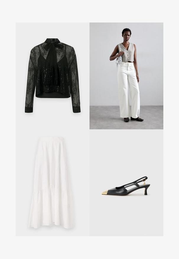 Crna prozirna bluzica s dugim rukavima, na kojoj se nalazi čipkasta podloga i detalji od sjaja, sa čvorom za vezanje oko vrata i skraćenim dizajnom.; Bijela midi suknja napravljena od lagane tkanine, s višeslojnim dizajnom, suptilnom cvjetnom vezom i naboranim pojasom.; Crne kožne sandale s otvorenom petom i šiljastim vrhom, zlatni metalni vrh. Imaju izrezbareni dizajn i vitku petu s podesivim remenom.; Sivi skraćeni prsluk s gumbima, uparen s bijelim širokim trapericama i crnim ravnim cipelama. Dodano male srebrne frizure.