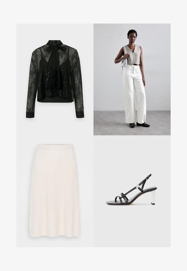 Svart gjennomsiktig bluse med lange ermer, med blonderoverlegg og paljettdetaljer, toppet med en slipsknute i halsen og en kort design.; Hvit ribbestrikket skjørt med elastisk midje, som faller til midt på leggen. Har vertikale linjer og en myk tekstur. Enkel A-linjeform.; Svarte hæler med flere smale stropper, slinga bak og sølvfarge på hælen. Glatt overmateriale og firkantet hæl.; Grå kort vest med knapper, kombinert med hvite vide jeans og svarte flate sko. Tilbehør med en liten sølvfringe-veske.
