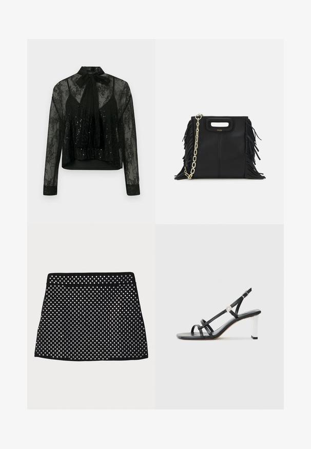 Musta läpikuultava paita pitkillä hihoilla, jossa on pitsiyksityiskohtia ja paljettikoristelu, varustettuna kauluskavennehteellä ja lyhennetty muotoilu.; Mustat minihameet, joissa on rei'itetty kuvioilu ja hopeiset niitit, sujuvalla vyötärölinjalla ja suoralla helmalla.; Musta korolliset sandaalit, joissa on useita kapeita hihnoja, slingsback-muotoilu ja hopeinen yksityiskohta kantapään kohdalla. Sileä päällismateriaali ja neliömäinen korko.; Musta nahkakäekott, millel on frantsiisidetailid, kuldne õlgade rihm ja lõikega käepide. Ees on logo paigutus.