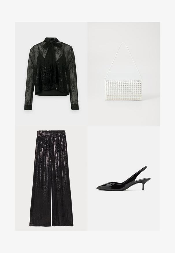 Sort gennemsigtig bluse med lange ærmer, med en blonde-overflade og pailletdetaljer, prydet med en hals-sløjfe og et cropped design.; Sorte, vidde bukser lavet af bugnende stof, med en tekstureret overflade og en elastisk talje for en behagelig pasform.; Stuart Weitzman EVA SLINGBACK - Pumps - black; Hvid håndtaske med en rund form, der har en tekstureret overflade af sølvnitter. Den har en tynd skulderrem og en elegant lukning.