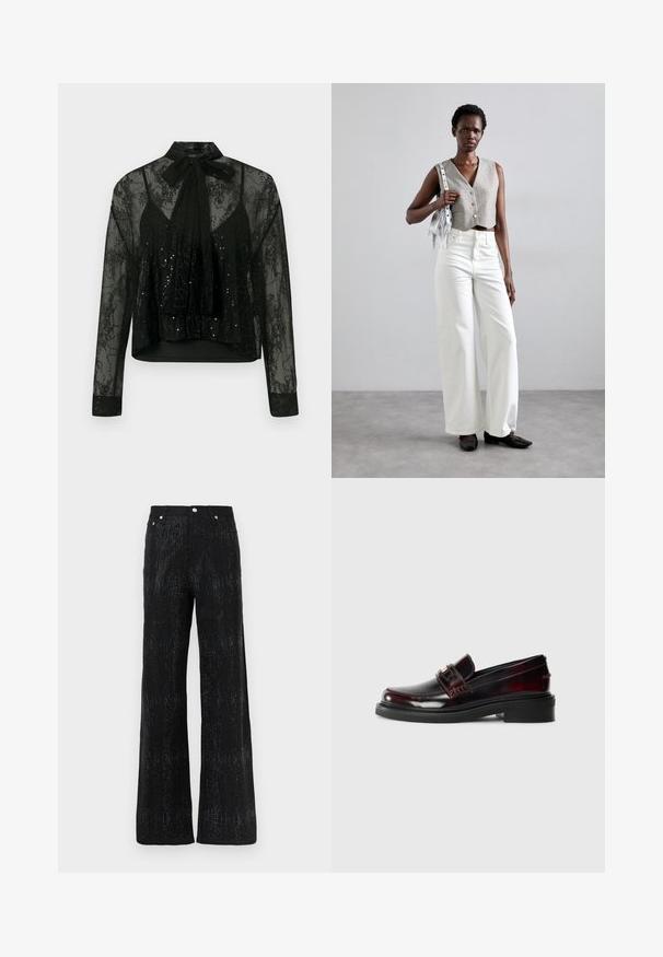 Svart gjennomsiktig bluse med lange ermer, med blonderoverlegg og paljettdetaljer, toppet med en slipsknute i halsen og en kort design.; Svarte vide bukser med en teksturert overflate, med et glitrende mønster. Avsluttet med en standard linning og metallknappdetaljer.; Lærloffere i mørk burgunder med en glanset finish. Har en sydd overdel, en frontstropp og en flat gummisåle.; Grå kort vest med knapper, kombinert med hvite vide jeans og svarte flate sko. Tilbehør med en liten sølvfringe-veske.