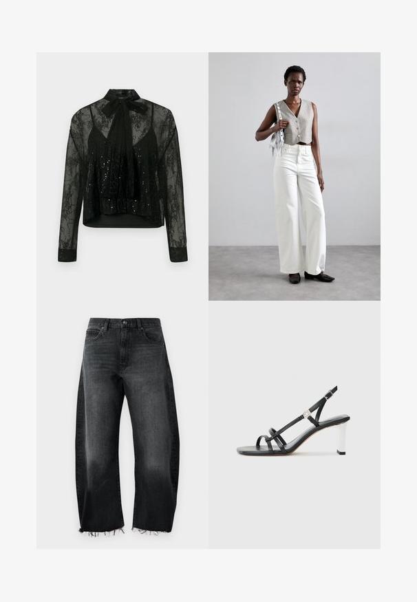 Black sheer blouse with long sleeves, featuring a lace overlay and sequin detailing, topped with a neck bow tie and a cropped design.; Black denim jeans with a wide-leg design, frayed hem, five pockets, and subtle fading; made of sturdy cotton material.; Black heeled sandals with multiple narrow straps, a slingback design, and a silver accent on the heel. Smooth upper material and square heel.; Gray cropped vest with buttons, paired with white wide-leg jeans and black flat shoes. Accessorized with a small silver fringe bag.