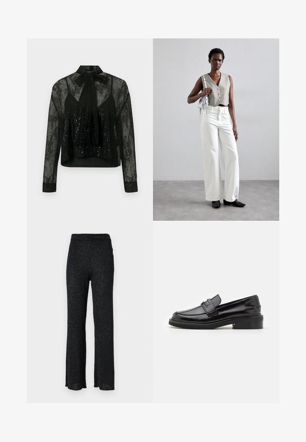 Černá průhledná blůza s dlouhými rukávy, s krajkovou vrstvou a detaily z flitrů, doplněná mašlí na krku a zkráceným designem.; Černé, třpytivé pletené zvonové kalhoty s elastickým pasem; mají měkkou texturu a jemné třpytivé detaily po celém povrchu.; Černé lakované kožené loafery s hladkým povrchem, prošívanými detaily na přední části a nízkým blokovým podpatkem pro podporu. Zlacený akcent na pásku.; Šedý zkrácený vest, doplněný bílými širokými džíny a černými plochými botami. Doplňková malá stříbrná kabelka s třásněmi.