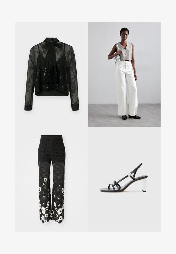 Černá průhledná blůza s dlouhými rukávy, s krajkovou vrstvou a detaily z flitrů, doplněná mašlí na krku a zkráceným designem.; Maje POCHETTY - Kalhoty - noir/blanc; Černé sandály na podpatku s několika úzkými pásky, designem s objímáním paty a stříbrným akcentem na podpatku. Hladký svrchní materiál a čtvercový podpatek.; Šedý zkrácený vest, doplněný bílými širokými džíny a černými plochými botami. Doplňková malá stříbrná kabelka s třásněmi.