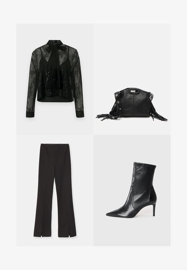 Zwarte doorschijnende blouse met lange mouwen, voorzien van een kanten overlay en paillettenaccenten, afgewerkt met een strikje op de nek en een cropped ontwerp.; Maje POMELOU - Broek - noir; Zwarte enkelboots van soepel leer, met een spitse neus, een aangesloten schacht en een slanke hoge hak. Minimalistisch ontwerp zonder zichtbare hardware.; Maje MISS MINI - Schoudertas - noir