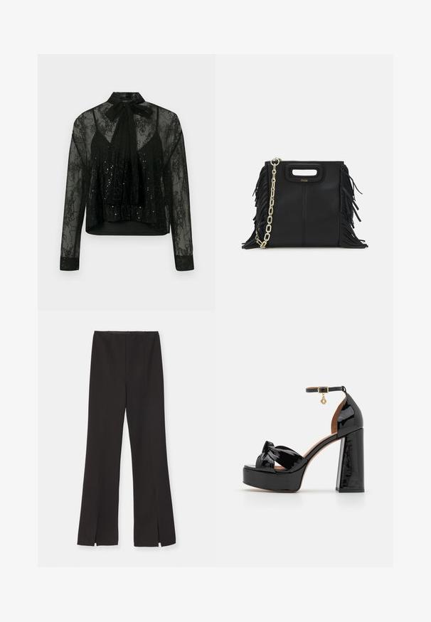 Schwarze durchsichtige Bluse mit langen Ärmeln, versehen mit einer Spitzenüberlagerung und Paillettendetails, gekrönt von einer Schleife am Hals und einem verkürzten Design.; Maje POMELOU - Stoffhose - noir; Maje High Heel Sandalette - noir; Schwarze Lederhandtasche mit Fransen-Details, goldener Ketten-Schulterriemen und einem ausgeschnittenen Griff. Mit Logoplatzierung auf der Vorderseite.