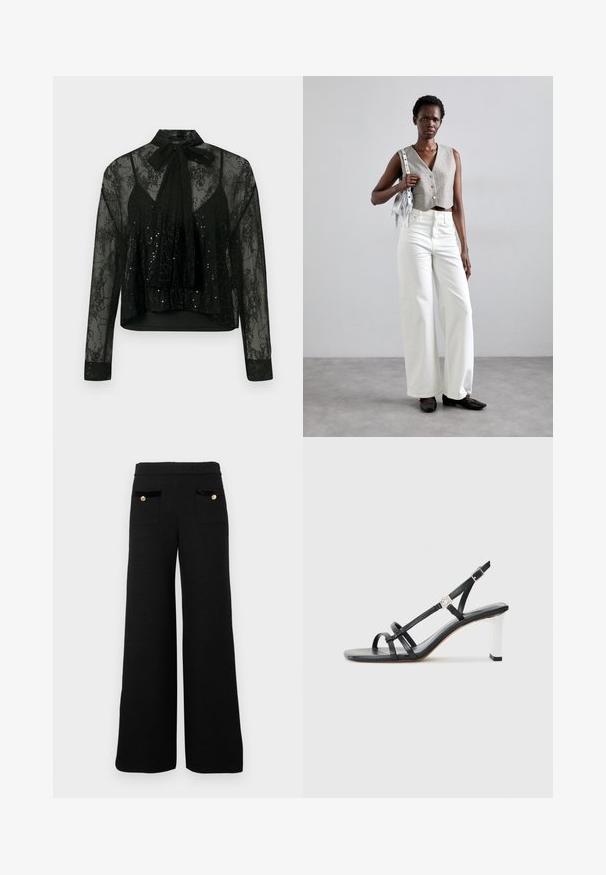 Zwarte doorschijnende blouse met lange mouwen, voorzien van een kanten overlay en paillettenaccenten, afgewerkt met een strikje op de nek en een cropped ontwerp.; Zwarte wijde broek gemaakt van textuurstof, met twee voorzakken met zwarte fluwelen accenten en gouden knopen.; Zwarte hakken sandalen met meerdere smalle banden, een slingback ontwerp en een zilveren accent op de hak. Glad bovenmateriaal en vierkante hak.; Grijs gecropped vest met knopen, gecombineerd met witte wijde jeans en zwarte platte schoenen. Geaccentueerd met een kleine zilveren franjen tas.