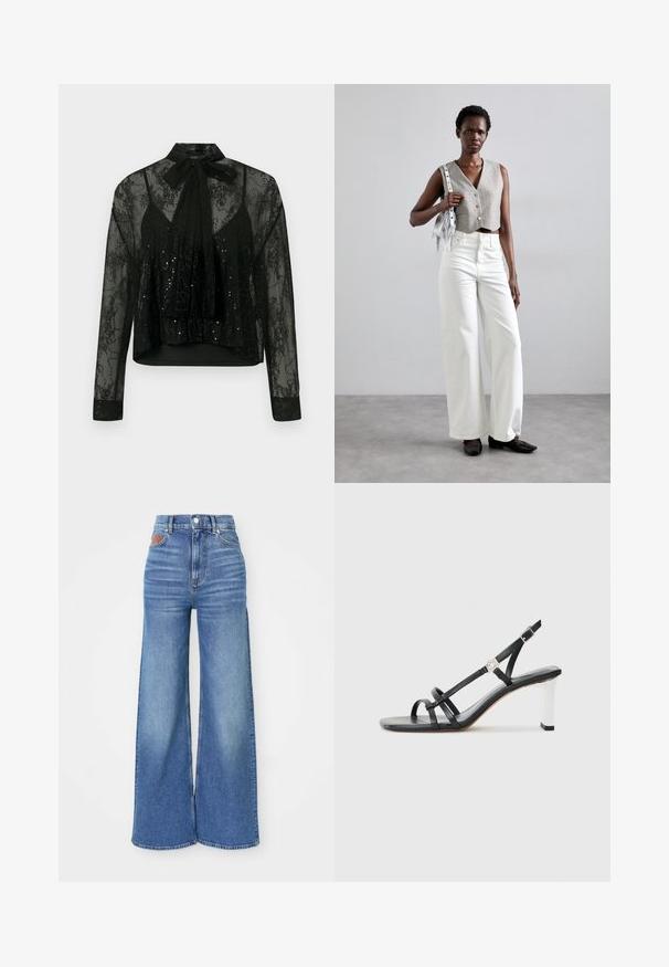 Czarna przezroczysta bluzka z długimi rękawami, z koronkowym wykończeniem i detalami z cekinów, z kokardą na szyi i krojem krótkim.; Jeans z szerokimi nogawkami i wysokim stanem w jasnoniebieskim denime z delikatnym przetarciem, z zapięciem na guzik i skórzanym akcentem na tylnej górnej części pasa.; Czarne sandały na obcasie z wieloma wąskimi paskami, z elastycznym zapięciem na pięcie i srebrnym akcentem na obcasie. Gładki materiał wierzchni i kwadratowy obcas.; Szary krótki kamizelka z guzikami, zestawiona z białymi szerokimi spodniami dżinsowymi i czarnymi płaskimi butami. Uzupełniona o małą srebrną torebkę z frędzlami.