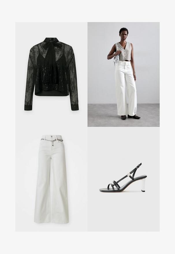 Juoda permatoma bliuska su ilgomis rankovėmis, turinti nėrinių apdailą ir blizgučių detales, papuošta kaklo kaspinu ir trumpinta forma.; Plati baltos džinsinės kelnės su aukštu liemeniu, su grandinėlės akcentu aplink juosmenį ir klasikinio penkių kišenių dizainu.; Juodi suknelės sandalai su keliais siaurais dirželiais, slingback dizainas ir sidabro akcentu ant kulno. Lygus viršutinis medžiagos paviršius ir kvadratinis kulnas.; Pilkas trumpas liemeniukas su sagomis, derinamas su baltomis plačiomis kelnėmis ir juodais butais be kulno. Papuoštas mažąja sidabrine frakcionuotų rankinuke.