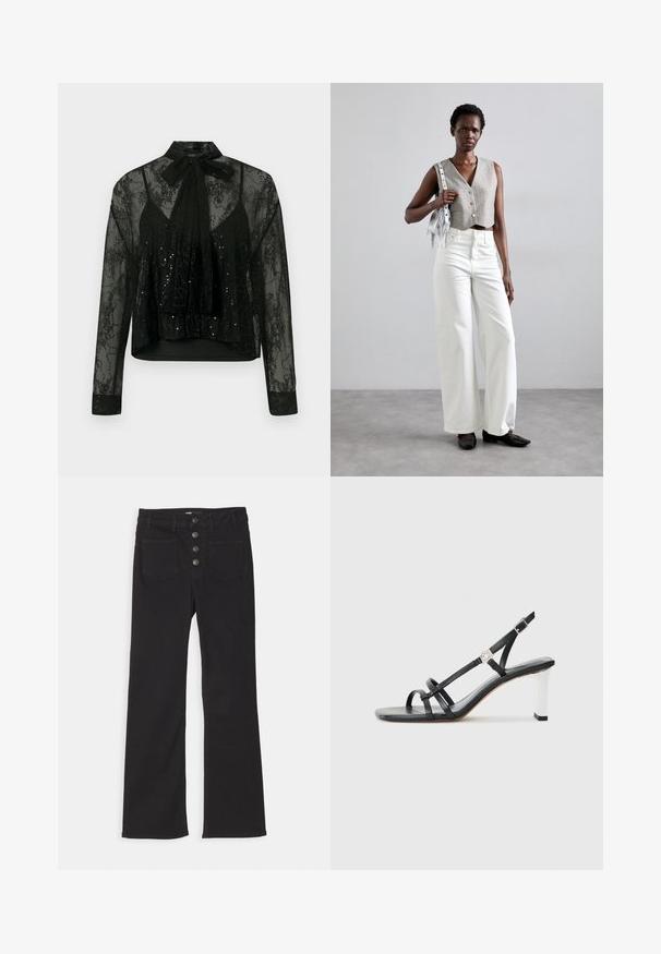 Černá průhledná blůza s dlouhými rukávy, s krajkovou vrstvou a detaily z flitrů, doplněná mašlí na krku a zkráceným designem.; Černé zvonové džíny s vysokým pasem, designem s pěti kapsami a předním zapínáním na čtyři kovové knoflíky.; Černé sandály na podpatku s několika úzkými pásky, designem s objímáním paty a stříbrným akcentem na podpatku. Hladký svrchní materiál a čtvercový podpatek.; Šedý zkrácený vest, doplněný bílými širokými džíny a černými plochými botami. Doplňková malá stříbrná kabelka s třásněmi.