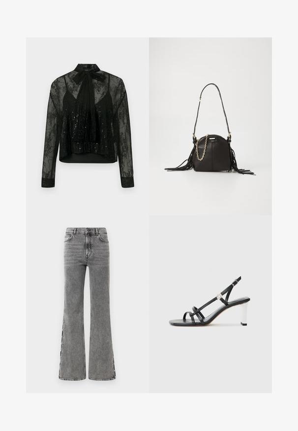 Čierna priesvitná blúzka s dlhými rukávmi, s čipkovou vrstvou a flitrovými detailmi, s mašľou na krku a skráteným strihom.; Čierne denimové nohavice s rozšírenými koncami a vysokým pásom. Obsahujú viditeľné švy a detaily s bočnými rozparky, čo poskytuje textúrovaný vzhľad.; Čierne sandále na vysokom opätku s viacerými úzkymi popruhmi, dizajnom so slingbackom a so strieborným akcentom na opätku. Hladký vrchný materiál a štvorcový opätok.; Čierna kožená kabelka s oble zakriveným tvarom, s frnčovými akcentmi, dlhým ramenným popruhom a zlatým reťazovým detailom.