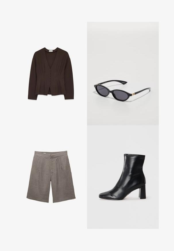 Hnedá blúzka s dlhými rukávmi, V-výstrihom a zapínaním na gombíky. Hladká textúra, priliehavý strih a jemné vertikálne skladanie.; Sivé ľanové šortky s voľným strihom, plochým predným dielom, dvoma prednými sklady a bočnými vreckami. Hladká textúra bez viditeľných vzorov.; Čierne kožené členkové topánky s špicatou špičkou a štruktúrovaným blokovým podpätkom. Hladká textúra s elegantným, minimalistickým dizajnom.; Čierne slnečné okuliare s oválnymi šošovkami, tmavým prechodovým zafarbením a štíhlymi ramenami s jemnými zlatými akcentmi. Hladký plastový povrch.; Béžová kožená kabelka s unikátnym tvarom, vybavená dvoma krátkymi uchami a jedným dlhým nastaviteľným popruhom. Hladký povrch s minimálnym kovovým príslušenstvom.