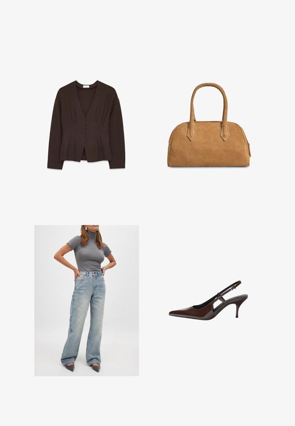 Brun, långärmad blus med V-ringning och knäppning fram. Slät textur, figurnära design och subtila vertikala veck.; Kvinna som står med händerna på höfterna klädd i en figurnära grå kortärmad polotröja, ljusblå vida jeans och grå spetsiga skor.; Bruna patenterade läderslingback pumps med spetsig tå, öppna utskärningar och en tunn klack. Har ett justerbart spänne.; Tan mockasinsväska med en strukturerad form, som har två handtag, triangulära utskärningar och en dragkedja längst upp för stängning.