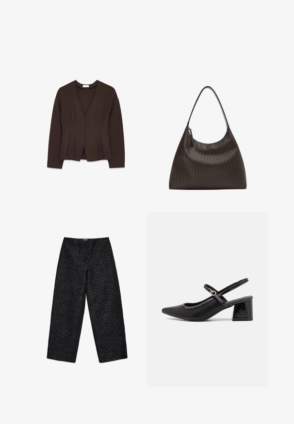 Hnedá blúzka s dlhými rukávmi, V-výstrihom a zapínaním na gombíky. Hladká textúra, priliehavý strih a jemné vertikálne skladanie.; Široké čierne nohavice s textúrovanou tkaninou a jemným vzorom. Dizajn zahŕňa vysoký pás a žiadne viditeľné zapínanie.; Čierne lakované kožené lodičky so slingback dizajnom, špicatou špičkou, zaobleným výrezom a blokovým podpätkom. Obsahuje akcent zlatého tónu s prackou.; Tkaná tmavohnedá kožená taška s zakriveným, širokým popruhom a hladkou textúrou. Má zipsové uzavretie a priestranný, štruktúrovaný tvar.