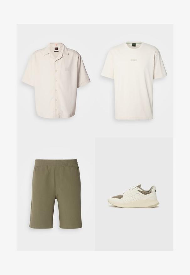 Short-sleeved, cream button-up shirt made of smooth fabric, featuring a small square logo pocket and a classic collar design.; BOSS TEE - Basic T-shirt - open white; Olive green shorts with an elastic waistband, straight cut, and smooth texture. Features a simple design without pockets or embellishments.; White and light beige athletic sneaker, featuring a mesh upper, perforated detailing, and a textured midsole with branding on the heel.