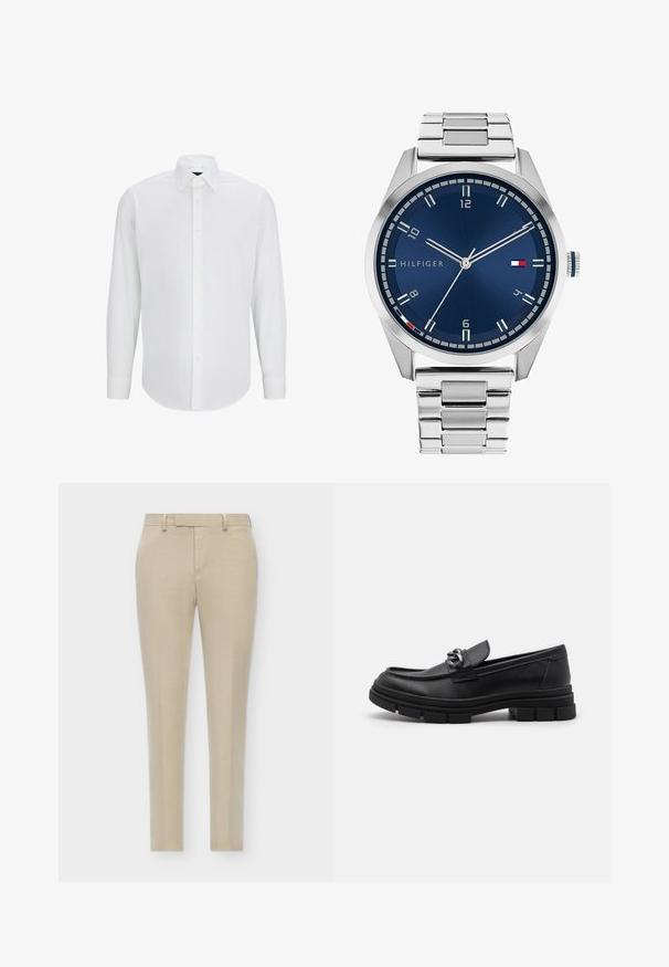 White long-sleeve shirt made of smooth fabric with a standard collar, front button closure, and rounded hemline. No visible patterns or accents.; Beige tailored trousers with a slim fit, featuring a flat front, discreet side pockets, and a smooth, textured fabric.; Black leather loafer with a rounded toe, a decorative strap and hardware, and a chunky textured sole. Smooth finish with subtle detailing.; Silver metal watch with a brushed blue dial, white hour markers, and a date display. Features a linked metallic band and brand logo.; Silver chain necklace featuring thick links and a central circular pendant with intricate detailing. Smooth, reflective metal surface.