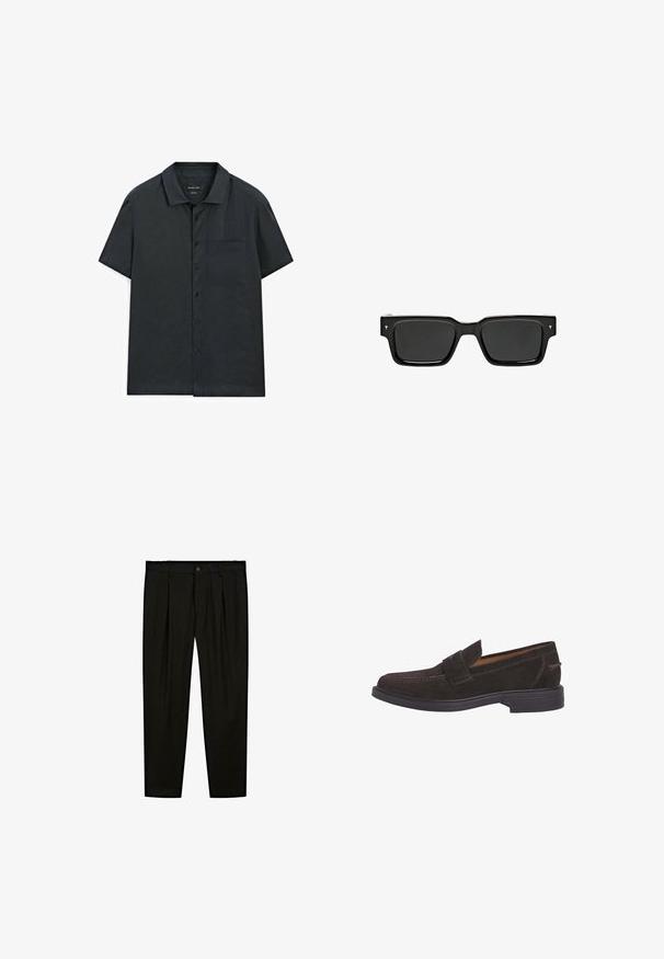 Kurzarm-Hemd aus dunkelgrauem Stoff, mit einem einfachen Kragen, einer Brusttasche und einer glatten Textur.; Schwarze maßgeschneiderte Hose aus glattem Stoff. Zu den Merkmalen gehören eine flache Vorderseite, weite Beine und ein Knopfverschluss am Taillenbund.; Façonnable Slipper - chocolate brown; Schwarze rechteckige Sonnenbrille mit dunklen Gläsern, glänzendem Kunststoffrahmen und kleinen Signaturakzenten an den Bügeln. Flaches Profil und scharfe Ecken.