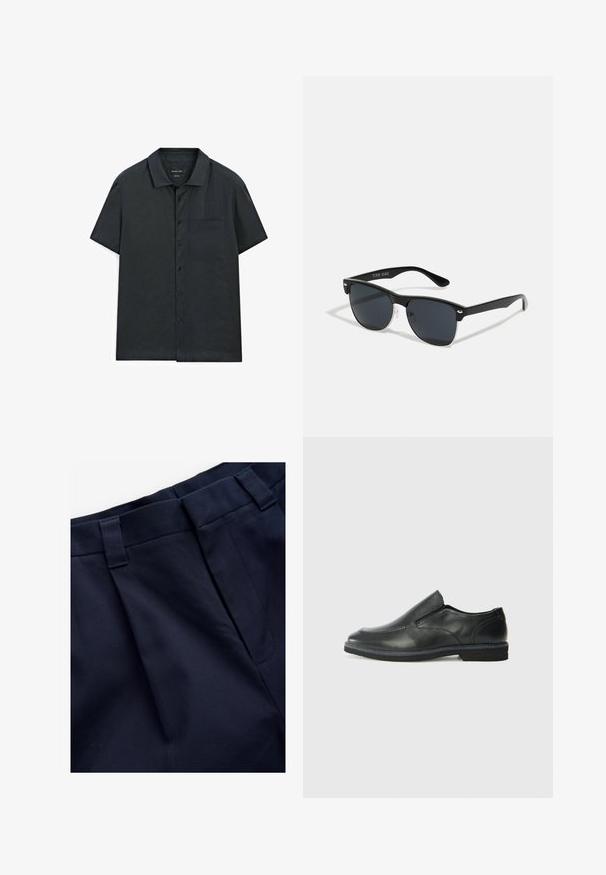 Kurzarm-Hemd aus dunkelgrauem Stoff, mit einem einfachen Kragen, einer Brusttasche und einer glatten Textur.; Marineblaue, gefaltete Hose aus einem glatten, strukturierten Stoff. Verfügt über einen flachen Bund und Gürtelschlaufen, designed für Komfort und Passform.; Schwarze Leder-Slipper mit glattem Obermaterial, gesteppten Akzenten, runder Zehenpartie und niedrigem Gummiabsatz. Die Sohle hat ein minimales Profil.; Schwarze Sonnenbrille mit rechteckiger Form, dunklen Gläsern, silbernen Akzenten an den Bügeln und mattierter Oberfläche des Rahmens.