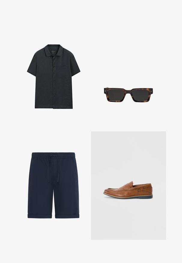 Koszulka z krótkim rękawem, zapinana na guziki, w ciemnoszarym kolorze, z prostym kołnierzykiem, jedną kieszenią na piersi i gładką fakturą.; Granatowe spodenki wykonane z lekkiego materiału, z elastycznym pasem i sznurkiem, oraz podwiniętymi mankietami. Gładka faktura, casualowy design.; Brązowe skórzane mokasyny z okrągłym noskiem, przeszyciami i niską gumową podeszwą. Projekt posiada pasek na górnej części.; Massimo Dutti - Okulary przeciwsłoneczne; Zestaw pięciu bransoletek z brązowej skóry, drewnianych koralików i srebrnego łańcucha; różne faktury i kształty, z regulowanymi zapięciami.