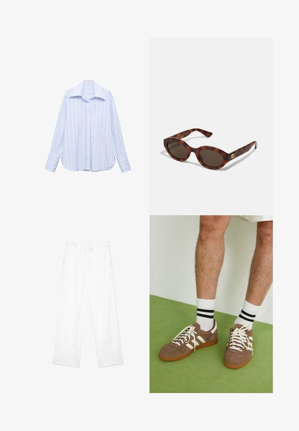 Svetlomodrá košeľa s dlhým rukávom a vertikálnymi bielymi pruhmi, s ostrým golierom a zapínaním na gombíky. Má voľný strih a manžety na rukávoch.; Biele ľanové nohavice so voľným strihom, s rovnými nohavicami, prednými vreckami a plochým pásom. Hladká textúra po celom povrchu.; Hnedé zamatové tenisky s bielymi akcentmi a šnúrkami. Gumová podrážka. Nosené s bielymi ponožkami so čiernymi pruhmi. Zelená textúrovaná podlaha.; Žlté slnečné okuliare s okrúhlymi rámami, tmavými sklami a zlatými logovými detailmi na straniciach. Hladký plastový materiál, bez viditeľných vzorov.; Hnedá tkaná kožená kabelka s voľným, trojuholníkovým tvarom. Má opletenú rúčku a zips na vrchu.