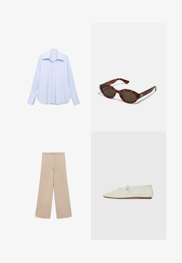 Jasnoniebieska koszula z długim rękawem w pionowe białe paski, z wywijanym kołnierzykiem i zapięciem na guziki. Posiada luźny krój i mankiety z zapięciem.; Beżowe spodnie o szerokich nogawkach, wykonane z miękkiego materiału, z elastycznym paskiem na sznurki i gładką fakturą, bez wzorów ani dodatkowego wykończenia.; Jasno beżowe baleriny z siateczki z ostrym noskiem i regulowanym paskiem. Posiadają teksturowaną górę oraz brązową, płaską podeszwę.; Okulari w karmelowo-brązowym wzorze z okrągłymi oprawkami, ciemnymi soczewkami i złotymi detalami logo na zausznikach. Gładki plastikowy materiał, brak widocznych wzorów.