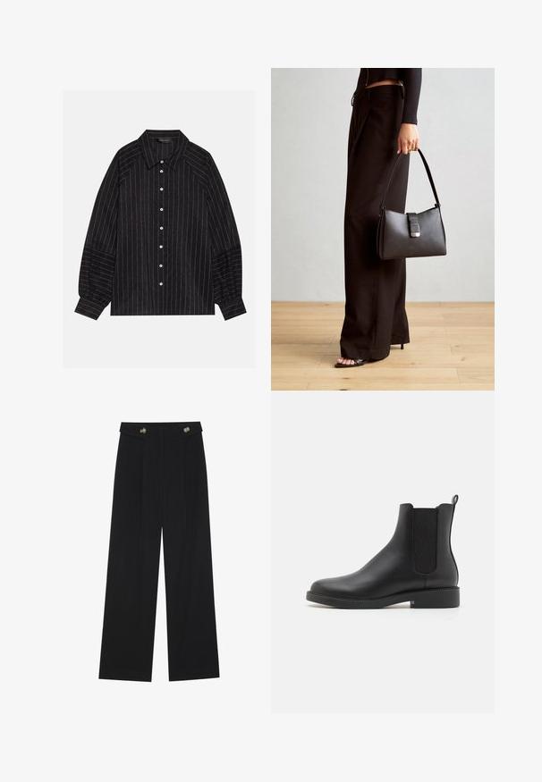 Černá košile na knoflíky s bílými pruhy, má špičatý límec, dlouhé rukávy a elastické manžety. Vyrobena z texturované látky.; Černé široké kalhoty s vysokým pasem, detailní knoflíky na pase a přední záhyby.; Černá kožená kotníková bota s elastickými bočními panely, zaoblenou špičkou, nízkým blokovým podpatkem a poutkem na zadní straně pro snadné obouvání.; Černá kabelka se strukturovaným tvarem, hladkým povrchem a kovovým uzávěrem. Kombinována s širokými černými kalhotami a sandály s otevřenou špičkou na dřevěné podlaze.