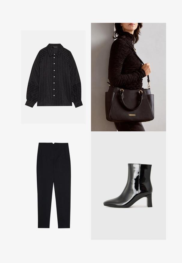 Fekete gombos ing, fehér csíkokkal, hegyes gallérral, hosszú ujjaival és rugalmas mandzsettáival. Texturált anyagból készült.; Fekete nadrág текстúrált anyagból, lapos elejű, oldalsó zsebekkel és egyenes lábakkal, közepesen magas derékkal.; Fekete lakk bőrcipő bokáig érő, hegyes orral és közepes magasságú tömbsarokkal. Simább textúrával és minimalista dizájnnal rendelkezik.; Fekete kézitáska texturált felülettel, dupla felső fogantyúval és állítható vállpánttal. Arany színű fém kiegészítők és oldalsó zsebek találhatók rajta.