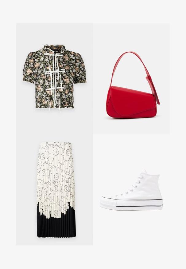 Bluzka z krótkim rękawem w czarny kwiatowy wzór, z białym zapięciem na kokardkę i marszczonymi ramionami. Dekoracyjny falbaniasty dół z teksturowanej tkaniny.; Spódnica w plisy z czarno-białym wzorem kwiatowym, z jasną górną częścią z kwiatami i jednolitym czarnym dolnym brzegiem.; Białe wysokie trampki z płótna z czarną gumową podeszwą, przednim czubkiem z gumy i sześcioma dziurkami na sznurowadła, charakteryzujące się prostym, minimalistycznym designem.; Czerwona skórzana torebka o kanciastym, geometrycznym designie. Posiada jedną regulowaną rączkę oraz zapięcie na klapę z przeszyciami.