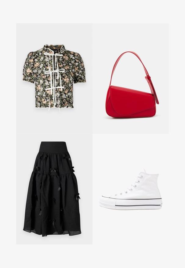 Lyhythihainen paita, jossa on musta kukkakuosi, valkoinen solmimisnauha ja rutistuneet olkapäät. Koristeellinen aallotettu helma, jossa on teksturoitu kangas.; Sister Jane BIRDIE BOW MIDI SKIRT - A-linjainen hame - black; Valkoiset korkeavartiset kangaskengät mustalla kumipohjalla, edessä kuminen varvasosa ja kuusi nauha-aukkoa, puhtaan minimalistisella muotoilulla.; Punainen nahkalaukku, jossa on kulmikas, geometrinen muotoilu. Varustettu yhdellä säädettävällä hihnalla ja läpällä, jossa on ommeltu yksityiskohtia.