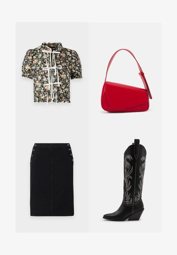 Kurzarmbluse mit schwarzem Blumendruck, weißer Schleifenverschluss und gerafften Schultern. Dekorativer gewellter Saum mit strukturiertem Stoff.; Schwarzer Jeans-Bleistiftrock mit gerader Silhouette, ausgestattet mit großen dekorativen Knöpfen auf der linken Seite und einer vorderen Nahtdetail.; Schwarze Leder-Cowboy-Stiefel mit spitzen Zehen, Keilabsätzen und silbernen, gestickten Blumenmustern entlang des Schafts. Kontrastnähte über das gesamte Design.; Rote Lederhandtasche mit einem kantigen, geometrischen Design. Verfügt über einen verstellbaren Schulterriemen und einen Klappenverschluss mit genähten Details.