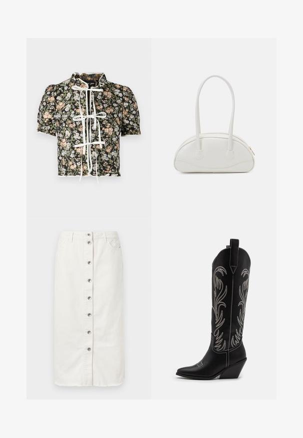Kurzarmbluse mit schwarzem Blumendruck, weißer Schleifenverschluss und gerafften Schultern. Dekorativer gewellter Saum mit strukturiertem Stoff.; Weiße Denim-Midikleid mit vorderem Knopfverschluss, zwei seitlichen Taschen und gestickten Akzenten am Bund. Mit rohem Saum.; Schwarze Leder-Cowboy-Stiefel mit spitzen Zehen, Keilabsätzen und silbernen, gestickten Blumenmustern entlang des Schafts. Kontrastnähte über das gesamte Design.; Even&Odd Handtasche - off-white