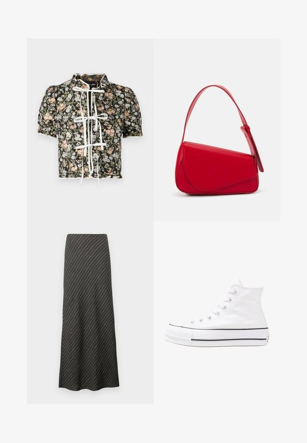 Lühikeste varrukatega pluus musta lillemustriga, valge paela kinnitus ja kogutud õlad. Dekoratiivne sakiline äär koos tekstuurilise kangaga.; Must mustriga mustriga, millel on diagonaalsed valged triibud, mis on valmistatud siledast kangast. Omab laienevat disaini ja A-linja siluetti.; Valge kõrgem kangast tenniseking, millel on must kummist tald, ees kummist varvasetugi ja kuus aukku paelte jaoks, pakkudes puhta ja minimalistliku disaini.; Punane nahast käekott, millel on nurkadega geomeetriline disain. Omab ühte reguleeritavat rihma ja klappidega sulgemist, millel on õmblustega kaunistused.