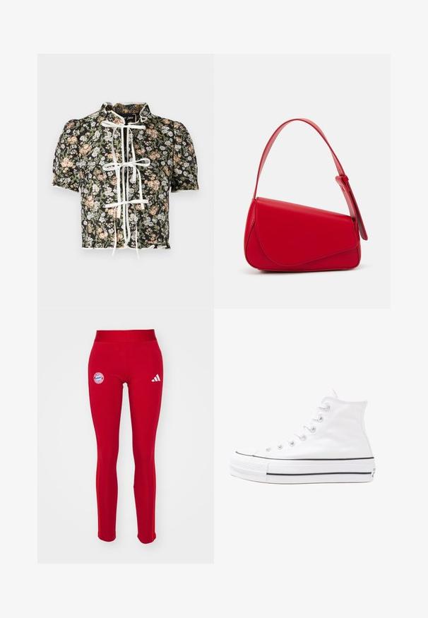 Short-sleeve blouse with a black floral print, white bow tie closure, and gathered shoulders. Decorative scalloped hem with textured fabric.; adidas Performance FC BAYERN M�NCHEN WMN TIGHT - Club wear - team power red; White high-top canvas sneaker with black rubber sole, front rubber toe cap, and six eyelets for laces, featuring a clean, minimalist design.; Red leather handbag with an angular, geometric design. Features a single adjustable strap and a flap closure with stitched detailing.