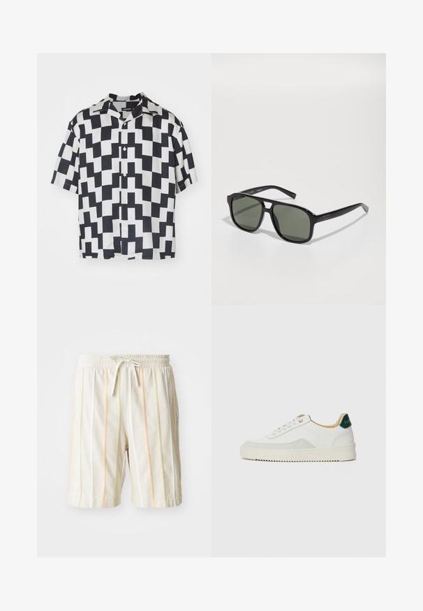 Košile s krátkým rukávem s geometrickým černobílým vzorem, vyrobená z hladkého materiálu s límečkem camp a zapínáním na knoflíky.; Bílé lehké šortky s vertikálními pruhy v oranžové, žluté a zelené barvě. Mají elastický pas se šňůrkovým uzávěrem.; Bílé tenisky se semišovými prvky, kulatou špičkou, plochými tkaničkami a krémovou gumovou podrážkou. Na patě mají zelené logo.; Černé obdélníkové sluneční brýle se zelenými skly, lesklým rámem, kovovými detaily a zlatým logem na spánku.