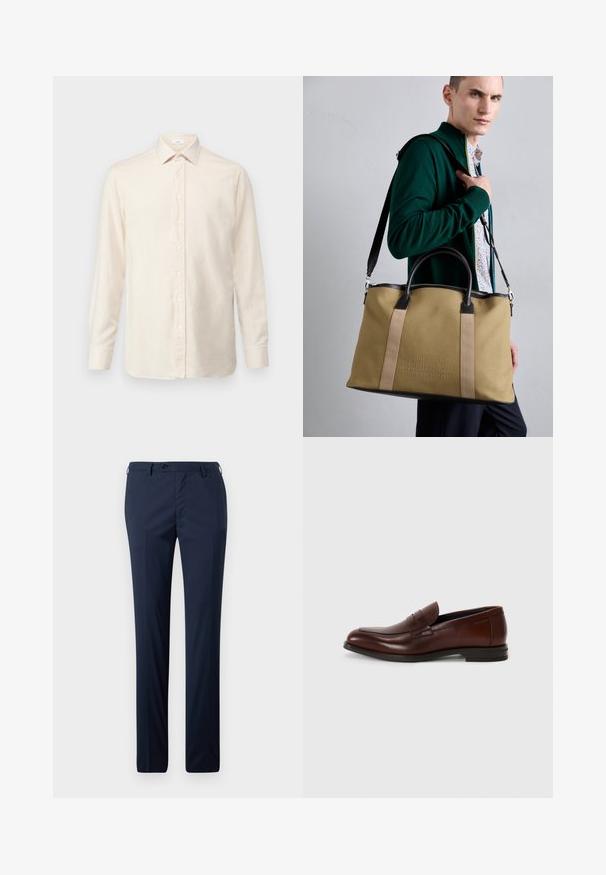 Šviesiai smėlio spalvos ilgomis rankovėmis marškiniai, pagaminti iš minkštos medžiagos, su sagčių užsegimu priekyje, klasikine apykakle ir sagutėmis ant rankovių.; Jūros pajėgų stiliaus kelnės tiesiu kirpimu, turinčios švelnų paviršių, vieną mygtuką priekyje ir dirželių kilpas pritaikytam tinkamumui.; Rudos odinės loafers su apvalia nosimi, priekinio diržo detalė ir žemu sluoksniu elektros. Lygus paviršius su minimaliais dekoratyviniais akcentais.; Bežinė drobės pirkinių maišelį su tamsiais odos akcentais, turintį dvi rankenas ir pritvirtinamą peties diržą; iškaltas logotipo detalė priekyje.