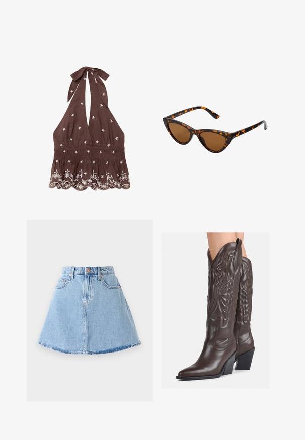 Hnedý top na halterneck, vyrobený z látky, s bielou kvetinovou výšivkou a zúženým pásom so zubatým lemom a viazaním na krku.; Džínová áčková sukňa v svetlom modrom odtieni s rozstrapkaným lemom, piatimi vreckami a zapínaním na gombík. Obsahuje medený kovový hardvér a jemné stehy.; Hnedé kožené kovbojské topánky s špicatou špičkou a blokovým podrážkou, so zložitým prešívaním a vyvýšenými akcentmi na puzdre.; Mačacie slnečné okuliare s čiernym a oranžovým želvovinovým rámom, hnedými sklami a elegantnými, špicatými koncami. Obsahujú minimalistické logo na spánku.; Hnedá zamková kabelka s dlhými strapcami, zakriveným tvarom a jedným ramenným popruhom. Má hladký, textúrovaný povrch.