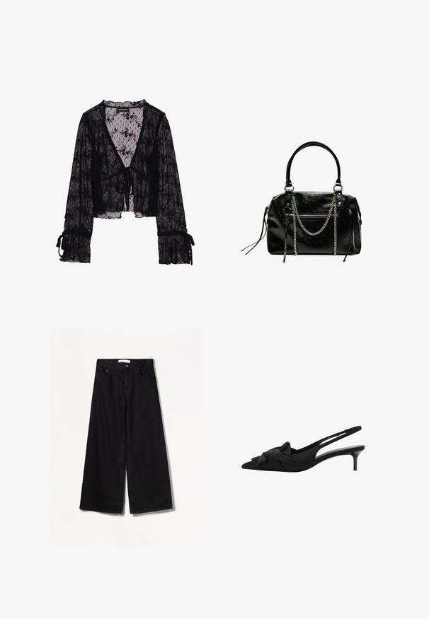 Musta pitsipaita, jossa on kukkakuosi, läpikuultava kangas, V-kaulus, solmittava etusulku ja röyhelöpäät, joissa on solmukoristeet.; Bershka WIDE-LEG - Leveälahkeiset - black; Musta slingback-kengät, joissa on kärjellinen siluetti, nauhat yksityiskohtana vampissa, teksturoitu kangas ja hoikka 3-tuumainen kiiltävä korko.; Bershka WITH CHAIN - Käsilaukku - black