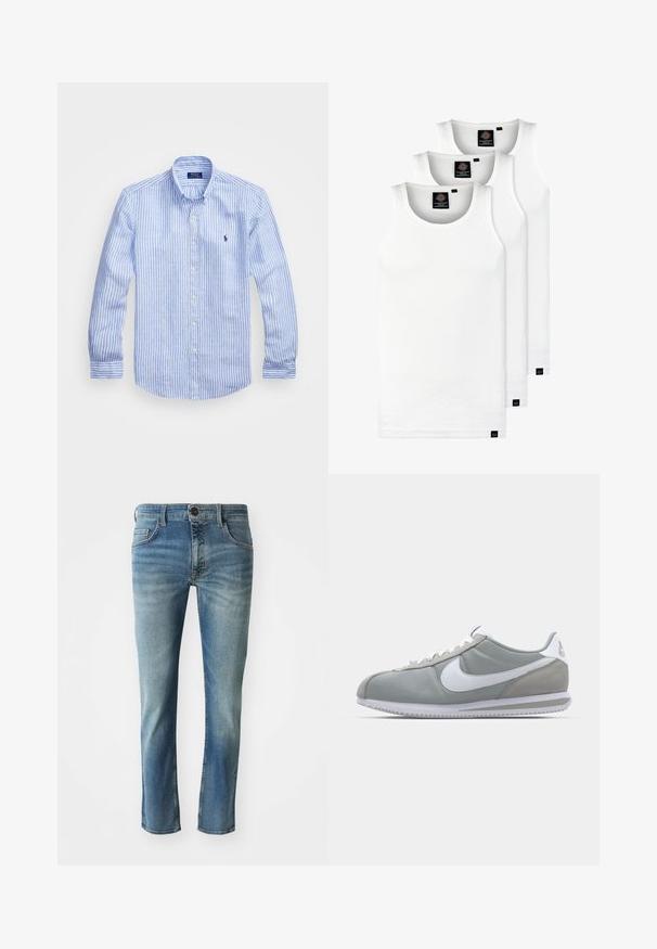 Sininen ja valkoinen raidoitettu pitkähihaisen paita, joka on valmistettu puuvillasta. Paidassa on napillinen kaulus, etunapit ja pieni kirjailtu logo rinnassa.; Kolme valkoista ribbitekstiilistä toppia, jotka on valmistettu puuvillasta. Ominaisuuksiin kuuluu pyöreä pääntie ja pieni musta etiketti helman lähellä. Saatavilla useissa kooissa.; Vaaleansiniset farkut suoraan leikkauksella, hieman kuluneet lahkeet, viisi taskua ja nappikiinnitys vyötäröllä.; Harmaa urheilujalkine, jossa on mokka- ja tekstiilipäällinen, valkoinen Nike-tikkukiinnitys ja valkoiset nauhat. Varusteena on kuvioitu kumipohja ja pehmustettu nilkkaosa.